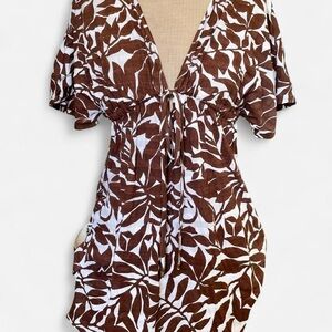 Brown & White Floral Leaf Print Cinched Dress